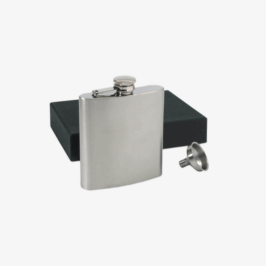 Satin Flask and Funnel Stainless Steel Presented in a gift box Makes a perfect birthday, wedding and client gift. Engravable with name or company logo.