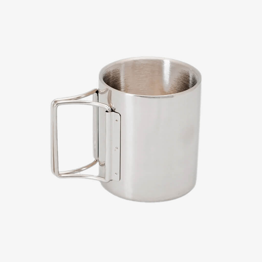Double-walled, 220 ml stainless steel drinking cup with folding handles.