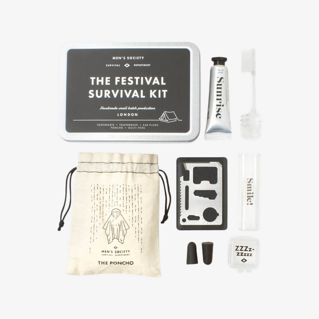 Contains a &#39;one size fits all&#39; poncho for those unexpected downpours, a pair of ear plugs for when you need to get some much needed sleep, a stainless steel multi-tool with 10 tool guide including a bottle and can opener, together with a toothbrush and toothpaste.  Includes: Waterproof poncho, 10 tool multi-tool, Disposable ear plugs, Disposable toothbrush and Marvis toothpaste.