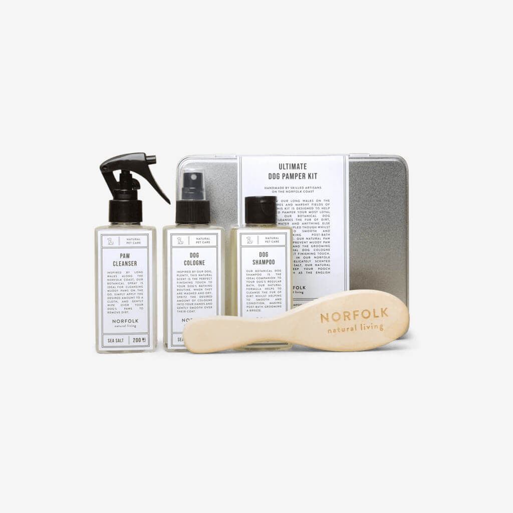 Norfolk Natural Living&#39;s dog pamper kit has everything you need for your loyal dog&#39;s post-walk bath.   Contains our botanical dog shampoo and paw cleaner, cleaning cloth and fragrant dog cologne. You can even use the tin to store their favourite treats.  Handmade in Norfolk, England